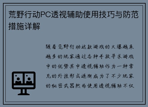 荒野行动PC透视辅助使用技巧与防范措施详解